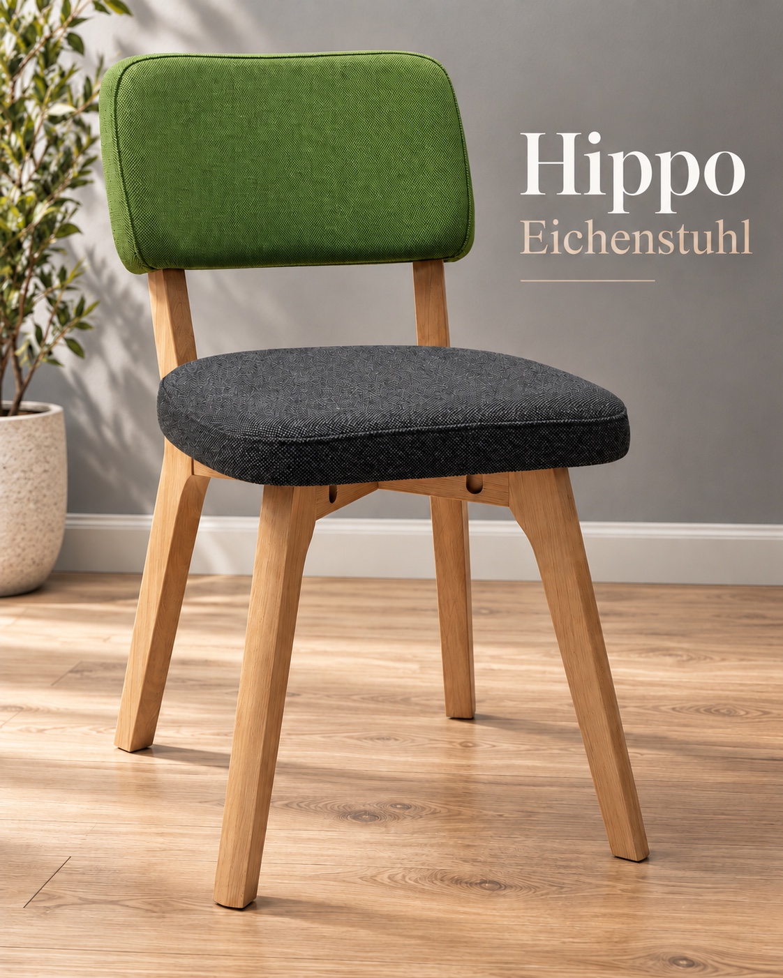 Stuhl mit Eichengestell, grüner Rückenlehne und grauer Sitzfläche